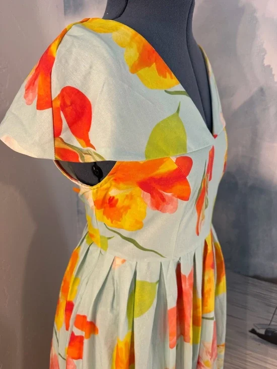 Floral Mint Green Midi Dress with Yellow & Coral Blooms #149 - Picture 5 of 10